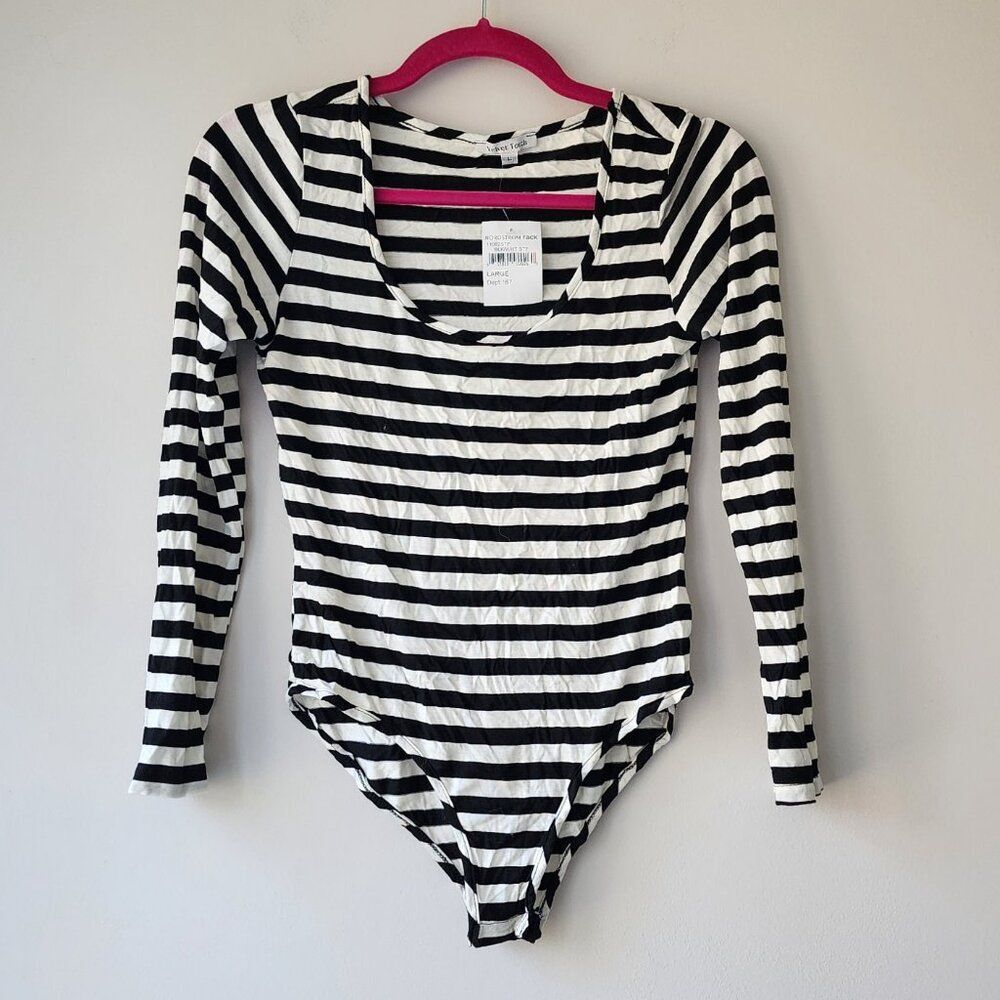 Velvet Torch Plunge Scoop Neck Body Suit | Large | Black White Stripes Stretch